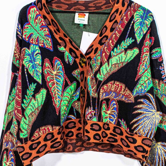 FARM Rio Cool Foliage Cropped Knit Cardigan Large Womens Tropical Print Sweater - Picture 3 of 8